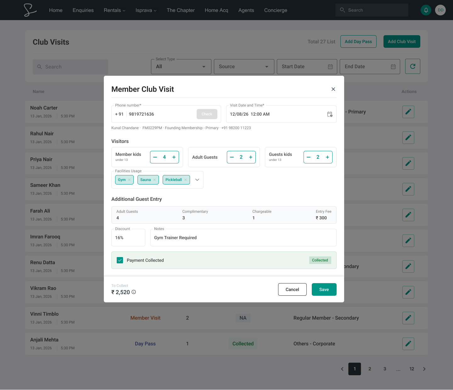 Member Club Visit modal populated with an existing member's details
