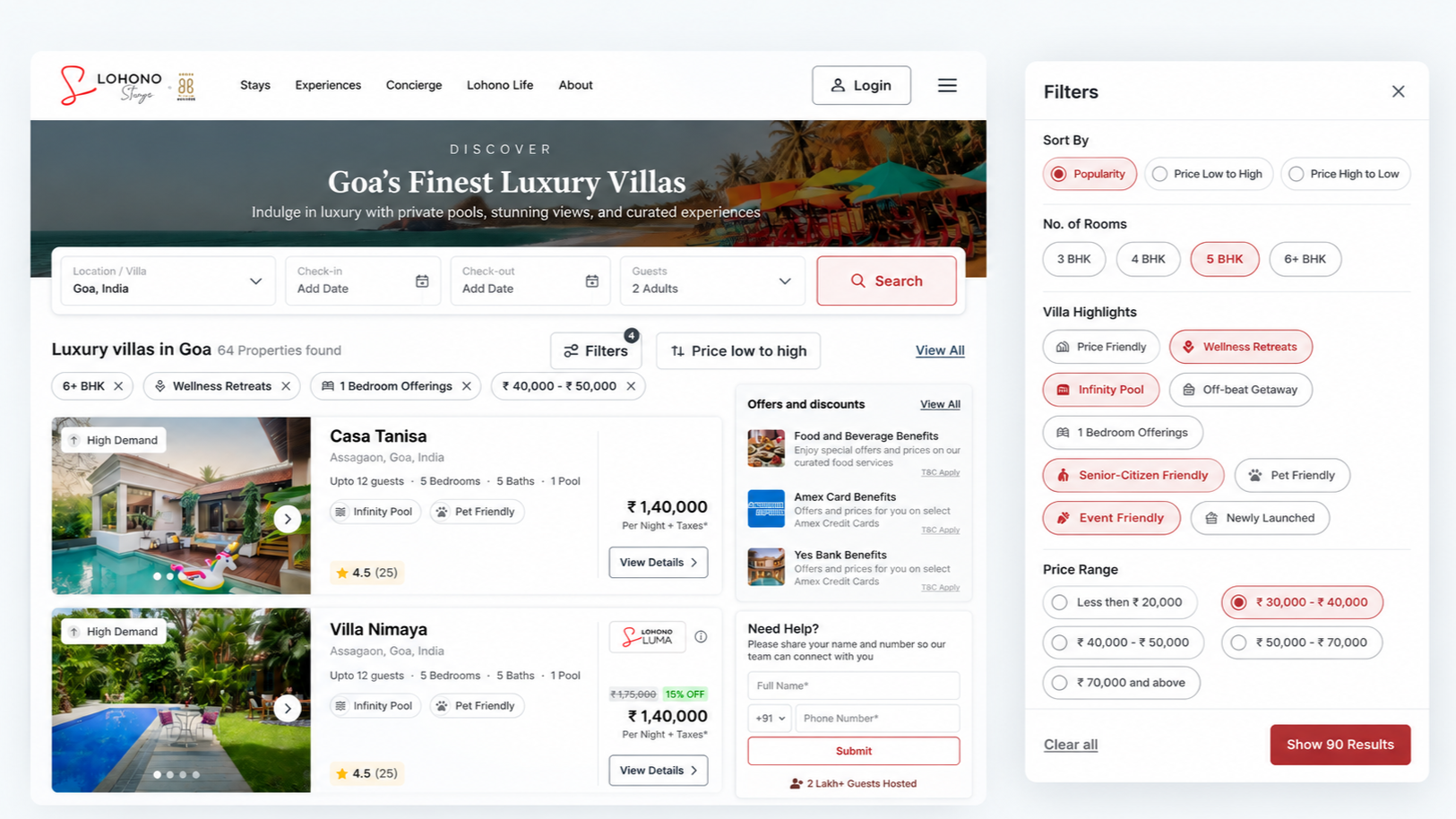 Luxury villa search interface with filters and property results