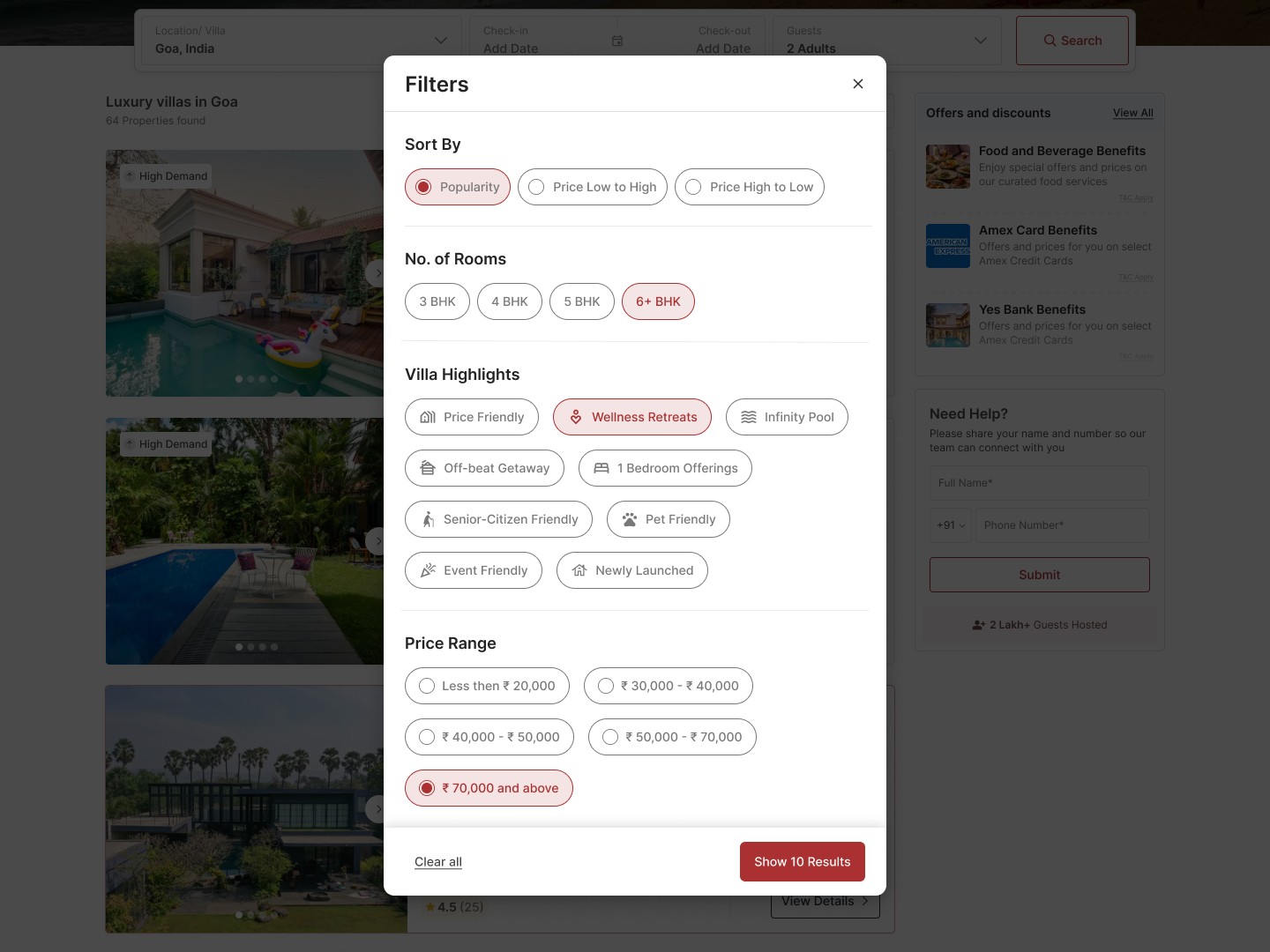 Lohono desktop filter modal with several preferences selected and ten matching results