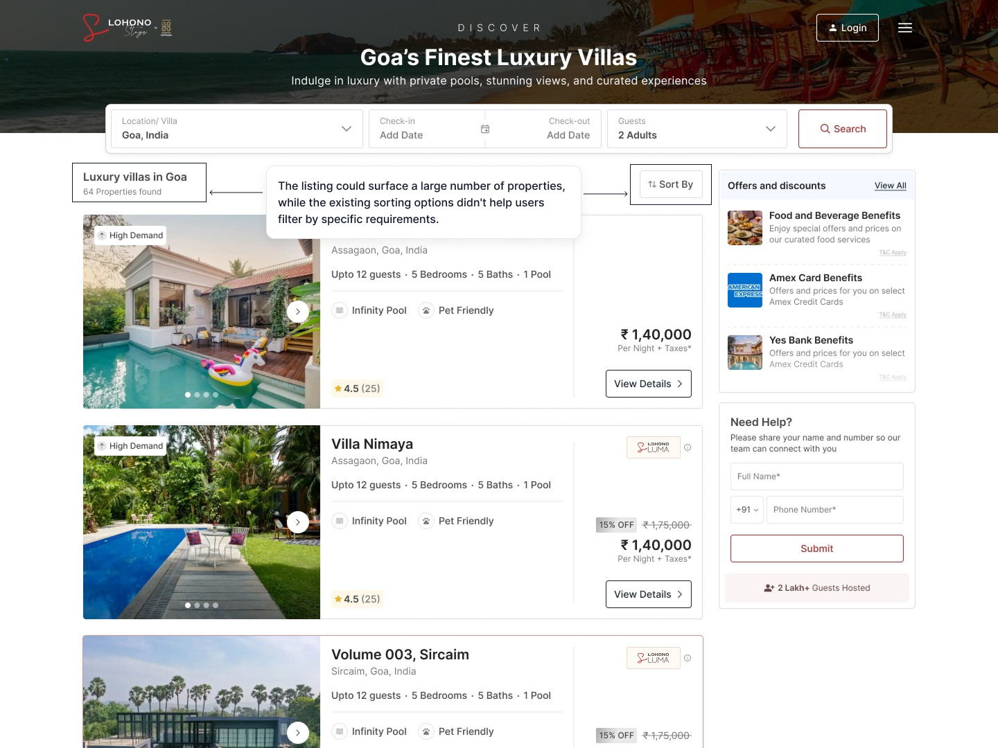 Annotated Lohono desktop villa listing showing many results and limited sorting controls