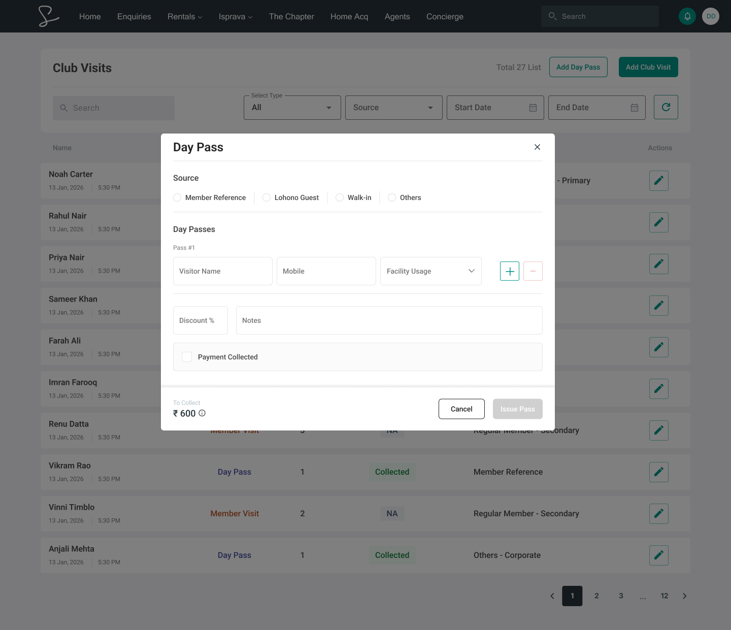 Empty Day Pass modal with visitor source options
