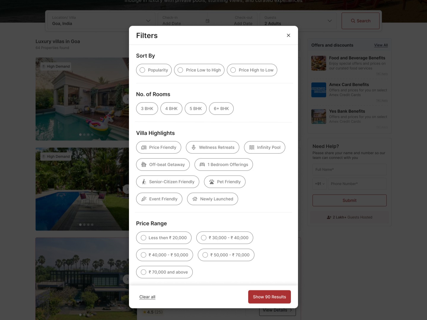 Lohono desktop filter modal before any filter option has been selected