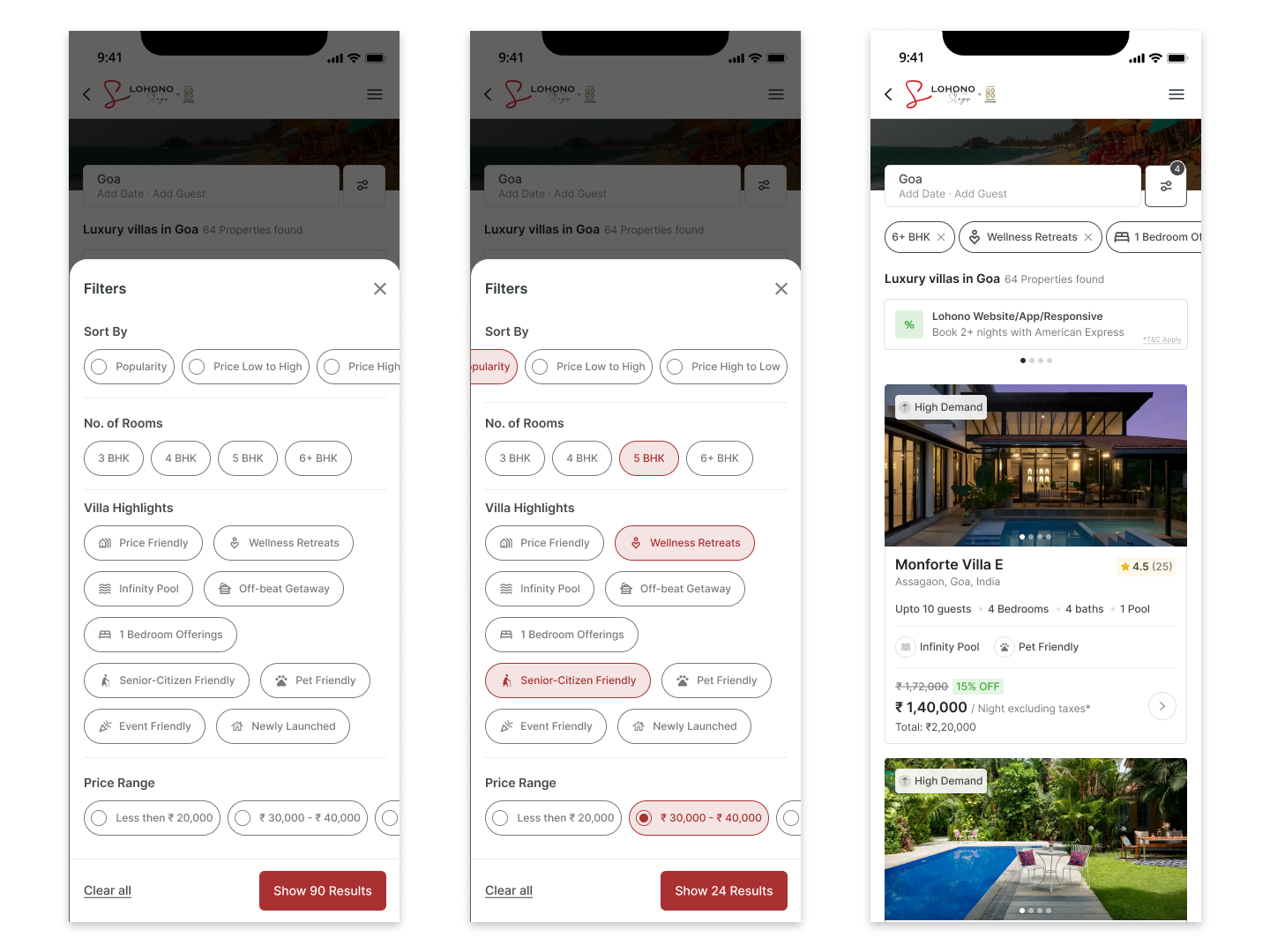 Three Lohono responsive screens showing filters and selected filters on mobile