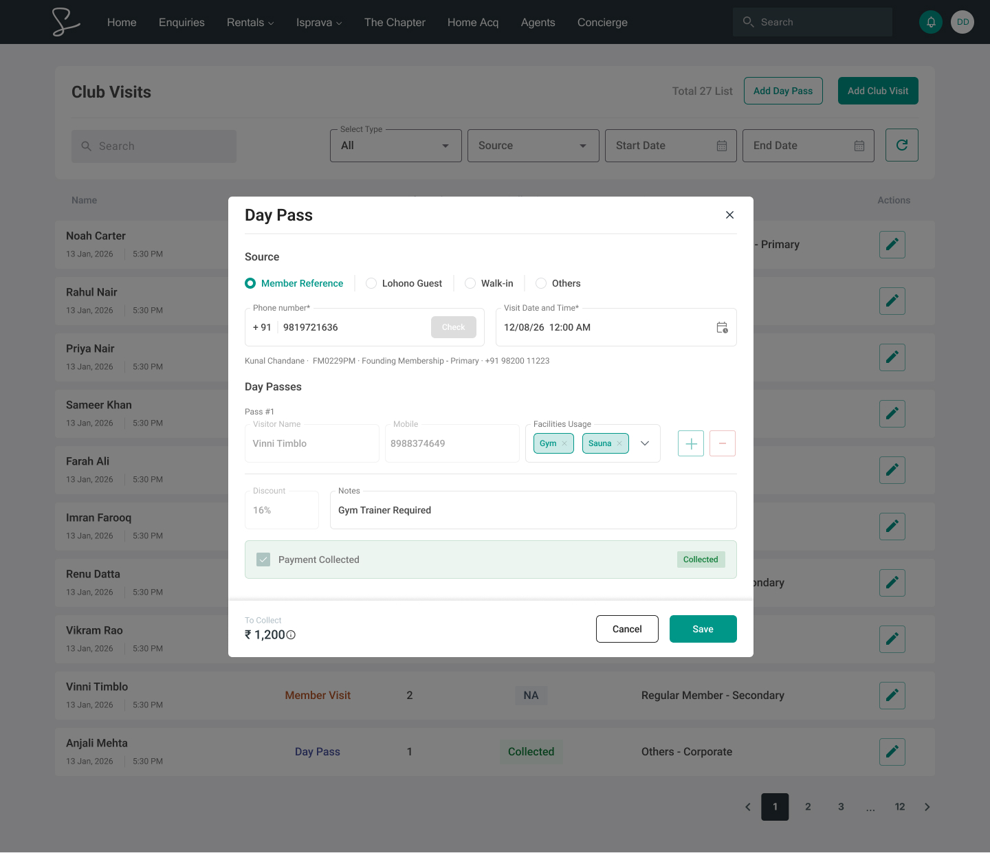 Issued Day Pass modal showing payment collected status