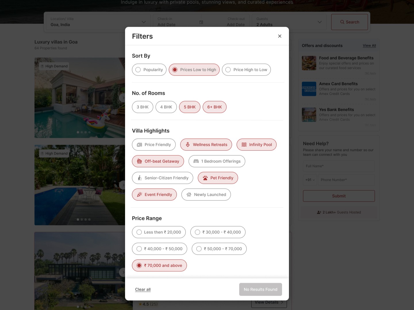Lohono filter modal showing a disabled No Results Found action
